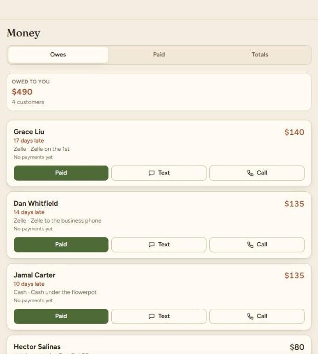 The LawnCare365 Money screen: who owes you and how late