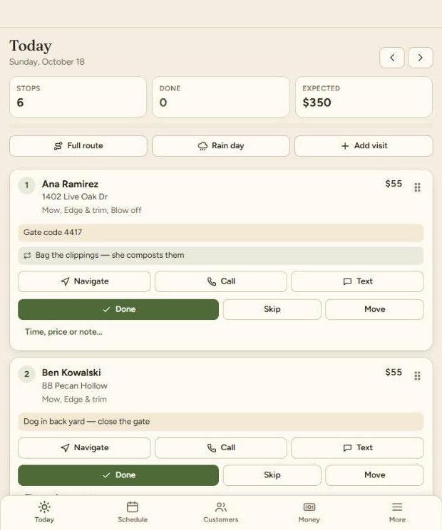 The LawnCare365 Today screen: stops in order with gate codes, notes and a Done button